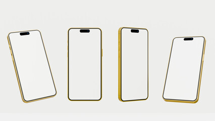 Realistic yellow smartphone mockup on a white background. 3d mobile phone with blank white screen. Modern cell phone template. Illustration of device 3d blank screen