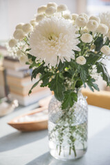 Beautiful bouquet with white lush chrysanthemums