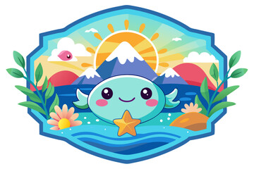 Naklejka premium Cute Cartoon Whale with Starfish in Front of a Mountain Landscape and Sun