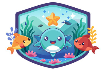 Cartoon Illustration of Underwater Sea Life in a Shield Shape