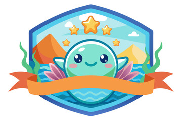 Cute Green Creature with Wavy Hair in a Hexagon Badge