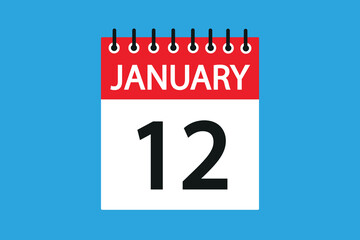 12 January. 12th january professional modern exclusive daily calendar design. Meeting schedule flat icon icon design. White and red color paper. White,black color text. Vector illustration eps 10.