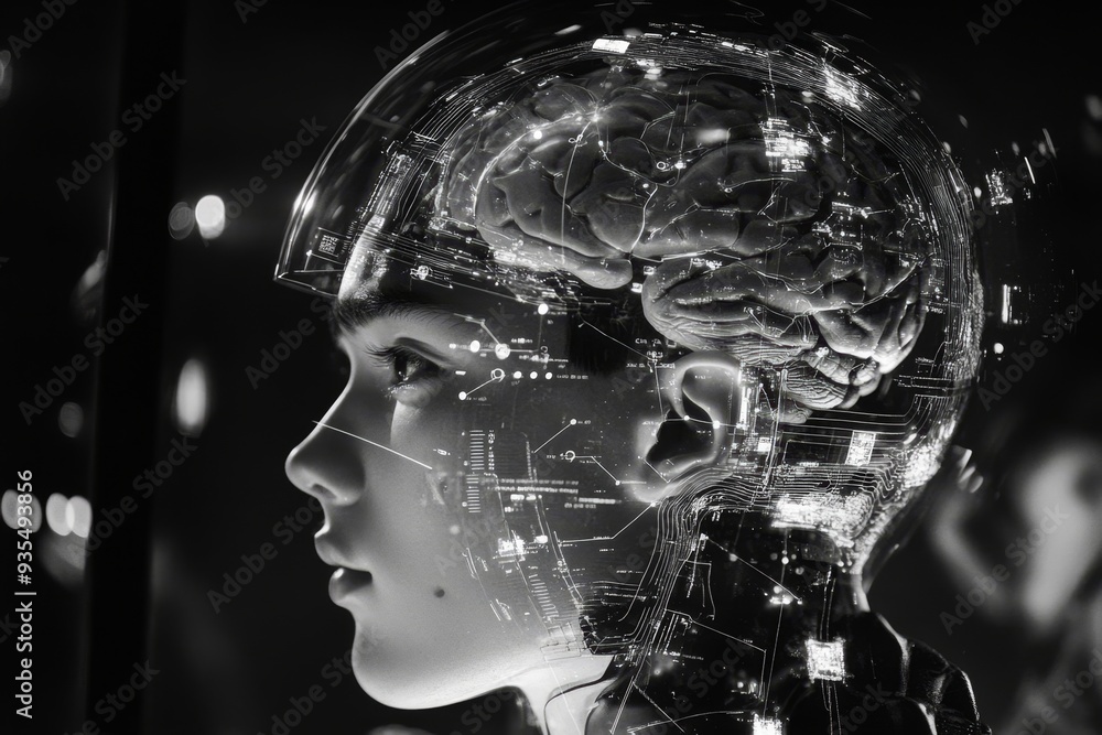 Poster fascinating image of brain interfacing with advanced technology in a photography shot