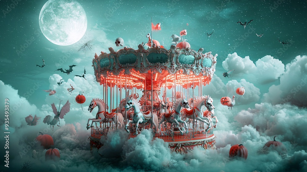 Poster a spooky circus carousel with skeleton horses and halloween decorations, set against a night sky fil