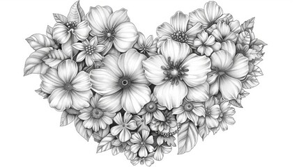 A heart-shaped coloring book illustration with a variety of floral and nature-inspired designs, providing a beautiful and calming coloring experience.