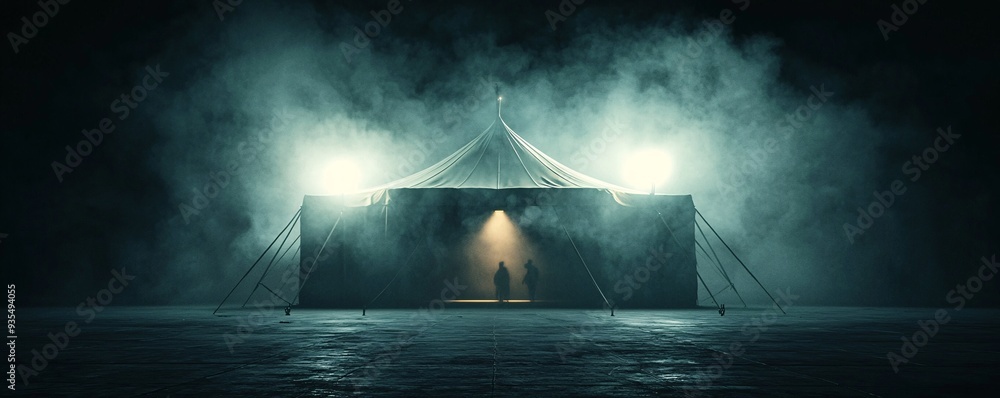 Poster a creepy, fog-filled circus tent with ominous shadows of performers inside, illuminated by flickerin