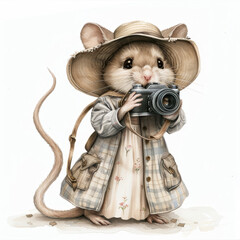 Una ilustración de un pequeño ratón vestido de antiguo y con cámara de fotos