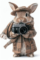 Ilustración de un conejo con rasgos humanos y con cámara de fotos