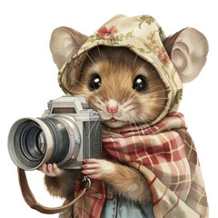 Una ilustración de un pequeño ratón vestido con ropa de época con una cámara en sus pequeñas manos aisladas sobre un fondo blanco