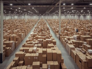 Fototapeta premium Photograph of a vast warehouse brimming with cardboard boxes showcasing industrial storage
