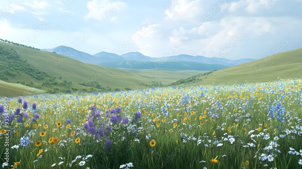 Wall mural 81. detailed 3d visualization of a tranquil meadow with rolling hills and wildflowers, set against a