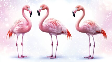 Obraz premium Three Pink Flamingos on White Background