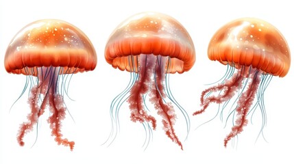 Three Orange Jellyfish with Long Tentacles Isolated on White