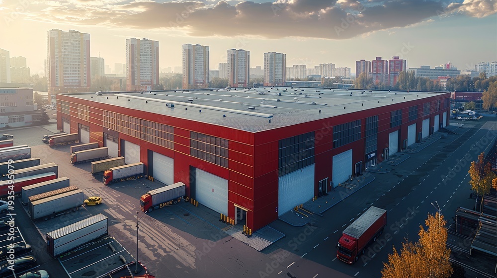 Aufkleber large warehouse space. the front is made of squares. lorries are placed around the building. tall of