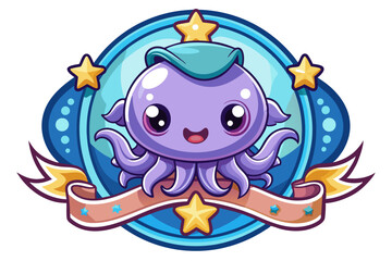 Naklejka premium Cute Purple Octopus with Stars in a Blue Circular Frame