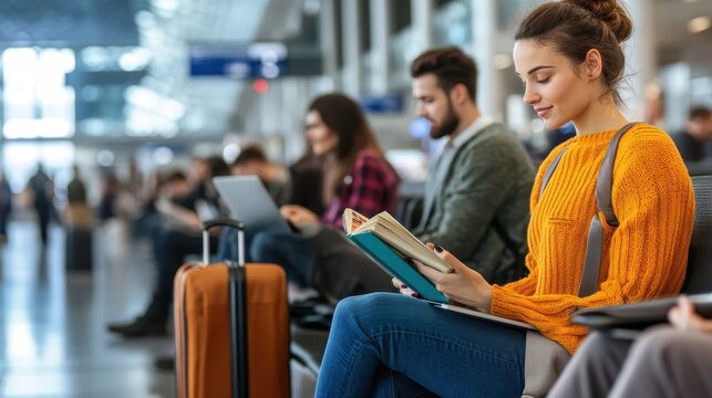 A group of passengers engages in reading and using devices as they wait in an airport terminal filled with natural light