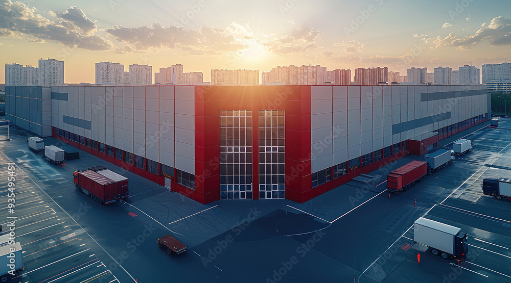 Aufkleber large warehouse space. the front is made of squares. lorries are placed around the building. tall of