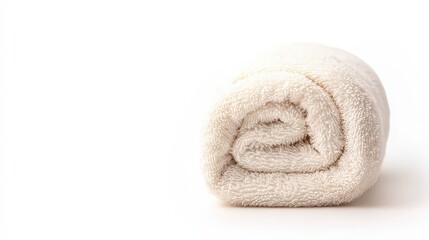 A neatly rolled, cream-colored towel isolated on a white background.