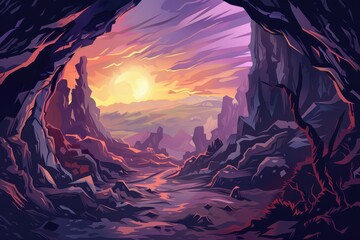 Rocky canyon landscape with vibrant sunset and purple haze