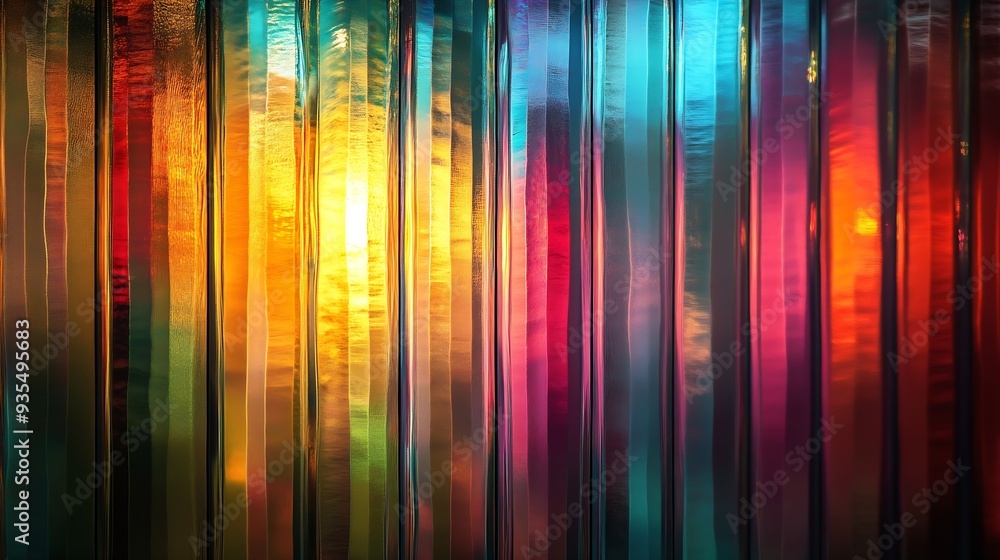 Aufkleber Abstract creative image on patterned glass show vertical lines pattern repetition blurry background of wavy illuminated multicolored interior soft lightingglass surface used for artist : Generative AI