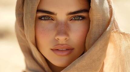Beautiful Woman wrapped in Beige Silk Scarf Beauty Girl Face with Smooth Skin and Natural Makeup Women Hair Sun Care Headwear Scarves over Desert Sand background : Generative AI
