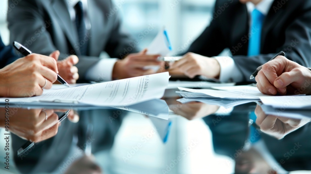 Poster in a contemporary office, several business professionals focus on important documents laid out on a 