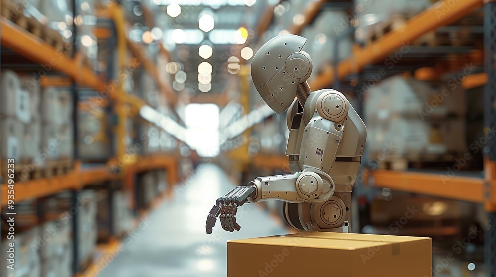 Leinwandbilder A robot with a strong and agile build, diligently working in a brightly lit warehouse. The robot is carefully lifting and arranging boxes. Generative AI.