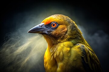 dramatic low key cape weaver bird portrait intense eye contact dark moody misty atmospheric mysterious evocative heavy shadows bold graphic composition