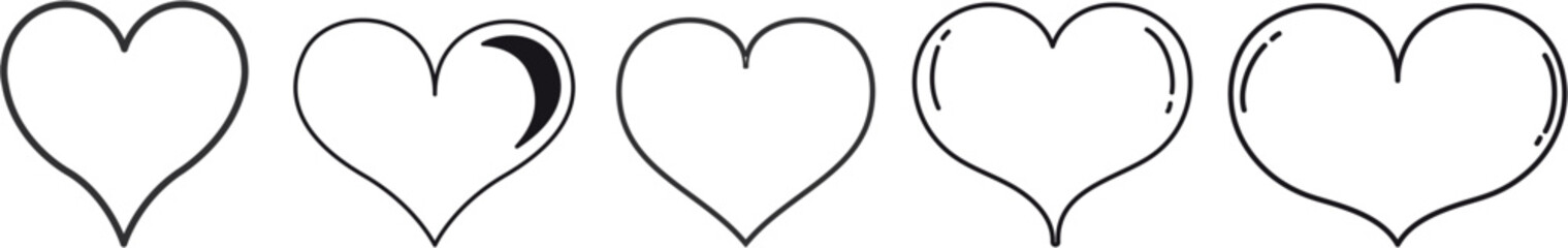 Collection of minimalist heart icons in various styles and outlines, perfect for designs related to love, romance, and Valentine's Day, suitable for use in web, print, and graphic design projects.