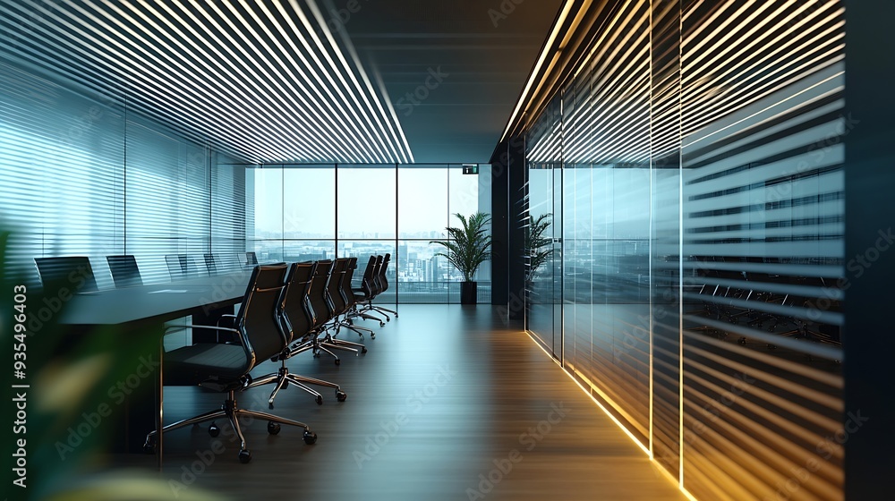 Poster A modern office space featuring sleek design with horizontal lines on the ceiling glass partitions and a welllit conference area with dark chairs : Generative AI