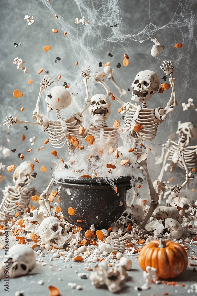 Poster A Halloween party scene with robots dancing around a cauldron, surrounded by spooky decorations like skeletons and cobwebs, with ample copy space.