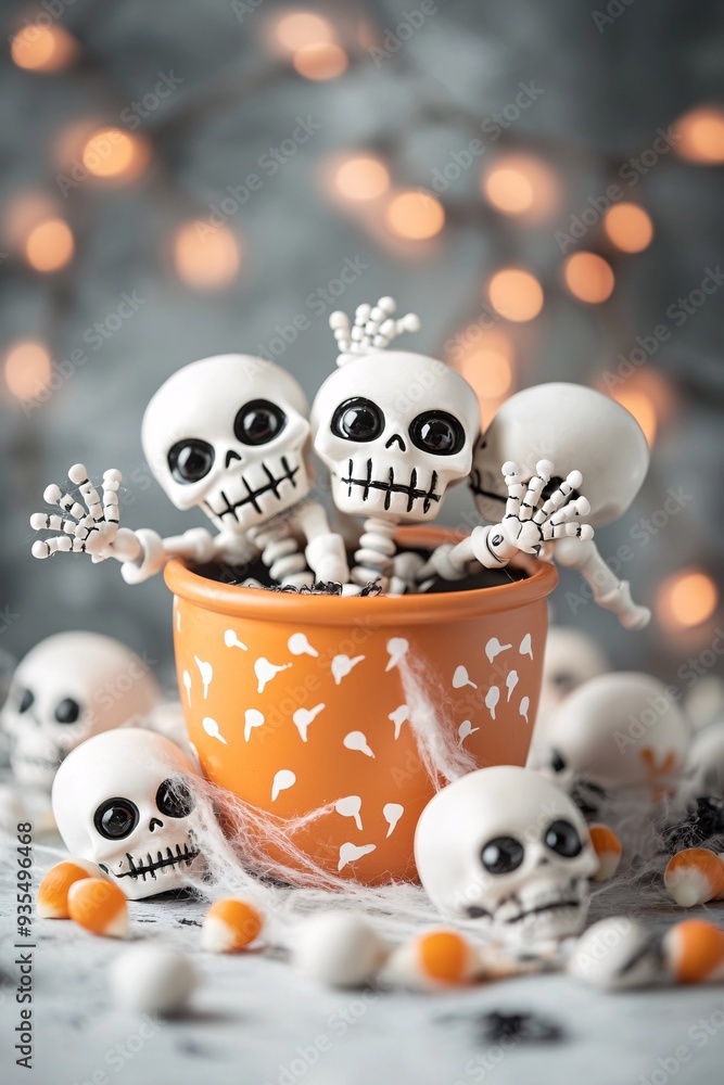 Poster a halloween party scene with robots dancing around a cauldron, surrounded by spooky decorations like