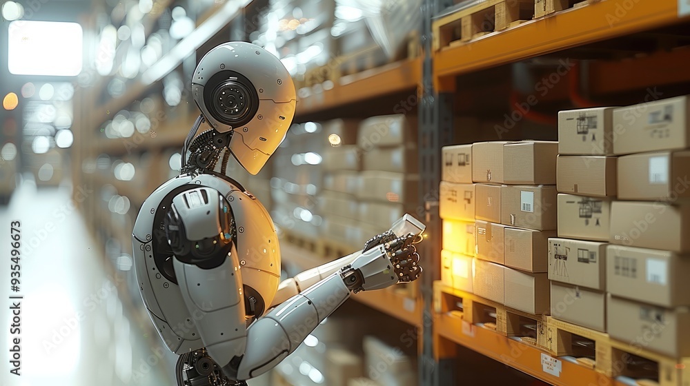 Leinwandbilder a robot with a strong and agile build, diligently working in a brightly lit warehouse. the robot is 