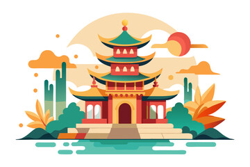 Obraz premium Traditional Chinese Pagoda with Lush Surrounding Landscape
