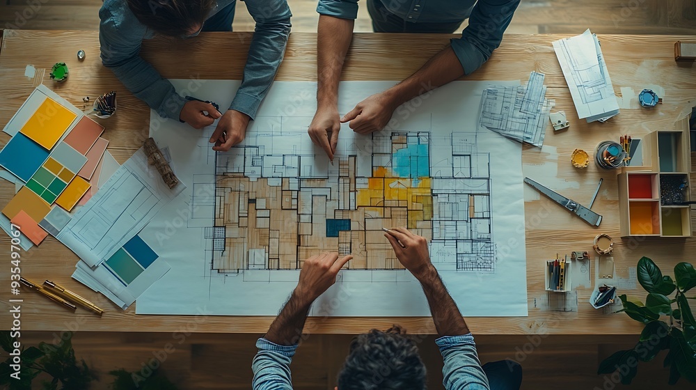 Aufkleber Skilled architect team discuss about house construction while interior designer point an appropriate color on color palette with house model and blueprint scatter around Top view Varie : Generative AI
