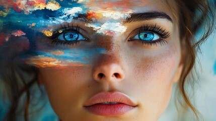 woman holding a surreal painting of the sky in front of her face abstract concept : Generative AI