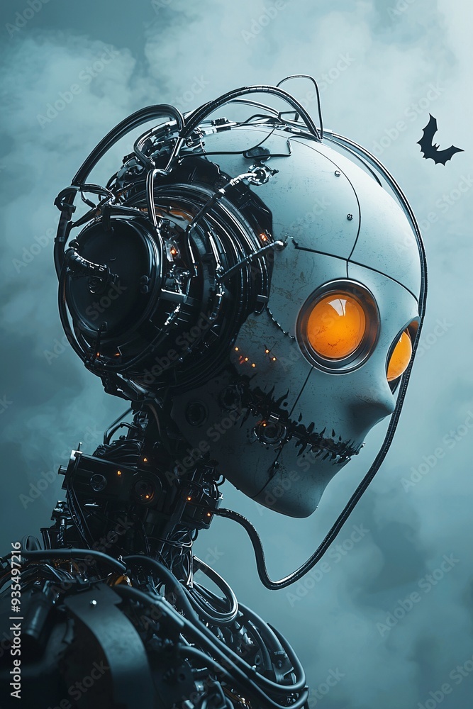 Poster a robot head designed like a jack-o-lantern, glowing ominously in the dark, with a background of bat