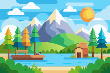 Naklejka premium Tranquil Lakeside Cabin with Mountain View and Sunny Sky