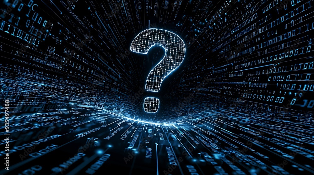 Aufkleber binary question mark hovering over a sea of digital data points, blue glowing lights, copy space for