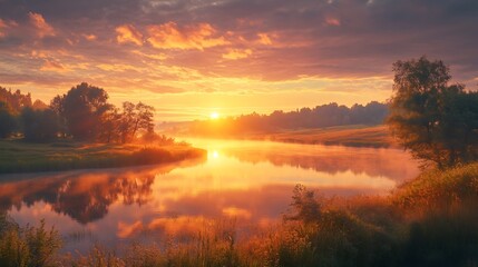 Obraz premium Spectacular sunrise over a scenic landscape with colorful clouds trees grasslands and water reflecting the golden sunlight : Generative AI