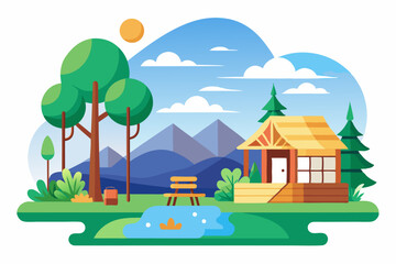 Fototapeta premium Cabin in the Woods with a Mountain View and a Small Pond