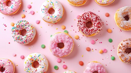Lovely colorful background sweet glazed donuts on a pink background