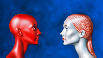 Fototapeta premium Two stylized human profiles, one in red and one in silver, face each other against a deep blue background. The contrasting colors of the figures create a striking visual effect.AI generated.
