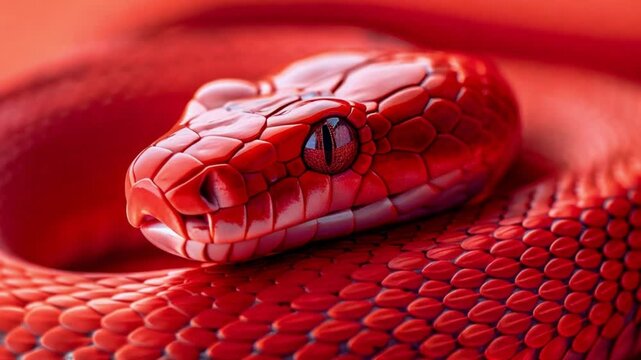 Vibrant red snake coiled against a solid background, showcasing detailed scales.