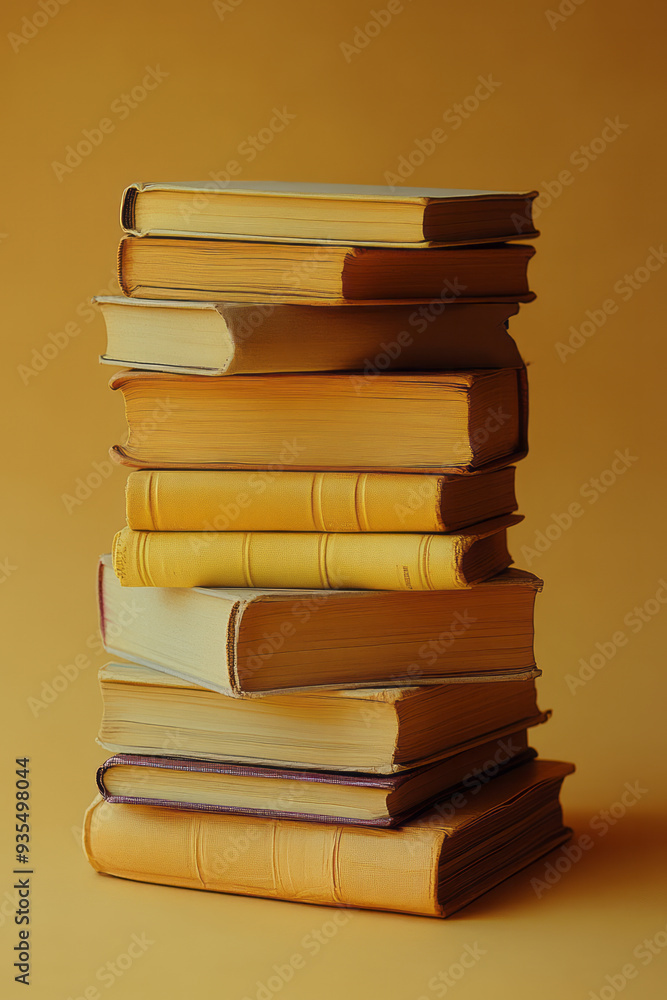 Poster a stack of books, isolated on a pastel beige background, representing the habit of regular reading a