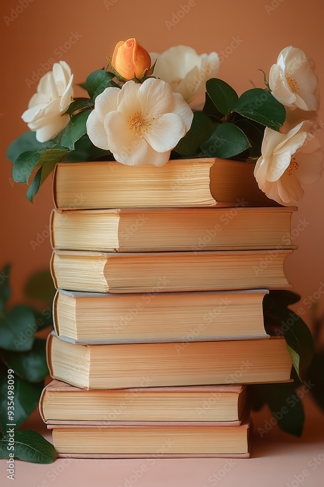 Poster a stack of books, isolated on a pastel beige background, representing the habit of regular reading a