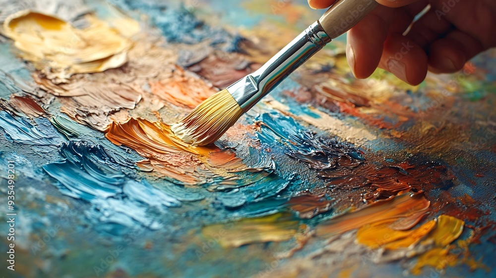 Poster artists hand with paintbrush on canvas closeup of an artists paintcovered hand as they apply vibrant