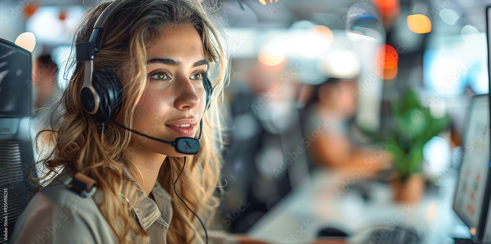 Aufkleber a woman wearing a headset at a telephone switchboard, speaking in front of her computer in a beautif