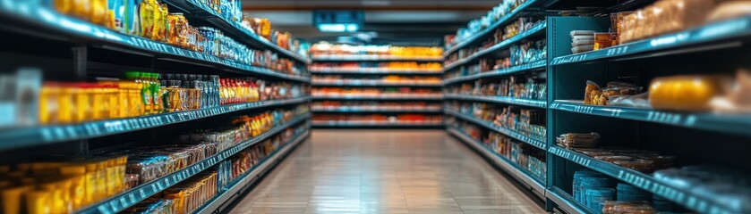 Fototapeta premium Wide Angle View of a Modern Supermarket Aisle with Shelves Stocked with Various Products
