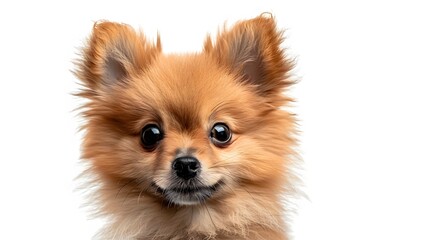 Cute fluffy portrait smile Puppy dog that looking at camera isolated on clear png background, funny moment, lovely dog, pet concept